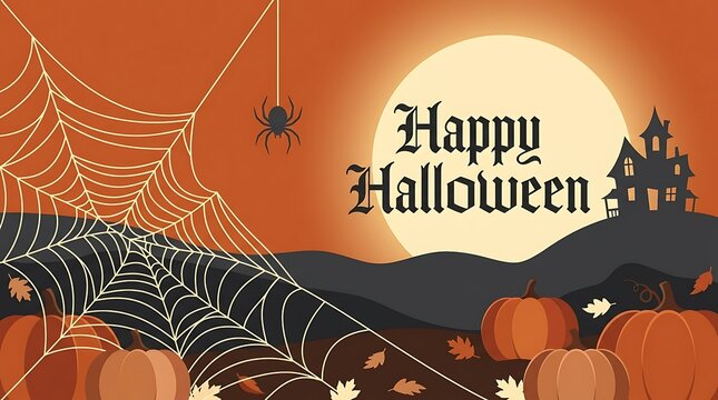 Happy halloween banner with haunted castle, spider web, and pumpkins