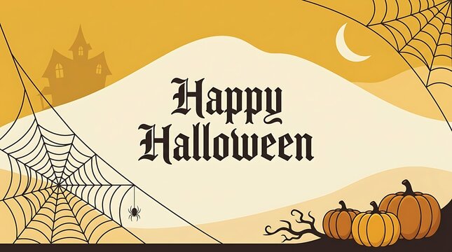 Happy halloween banner with haunted house, spider web, and pumpkins