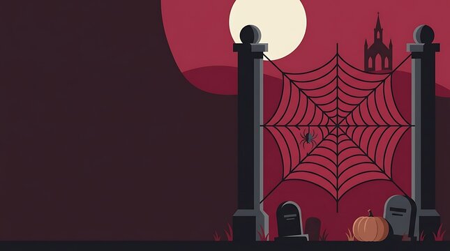 Halloween background with a spider web between two cemetery pillars, a pumpkin, and a spooky church silhouette under a full moon in a dark red atmosphere