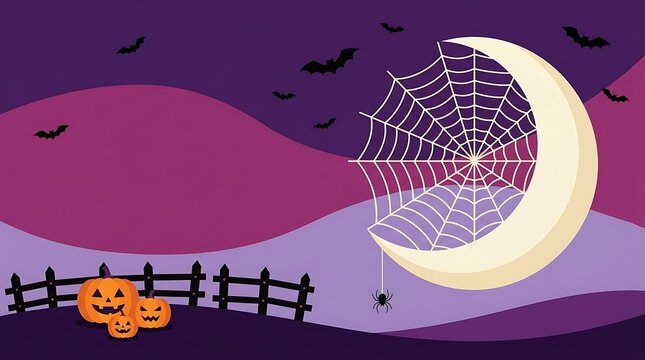 Halloween background with a crescent moon, spider web, bats, and jackolanterns in a purple night landscape