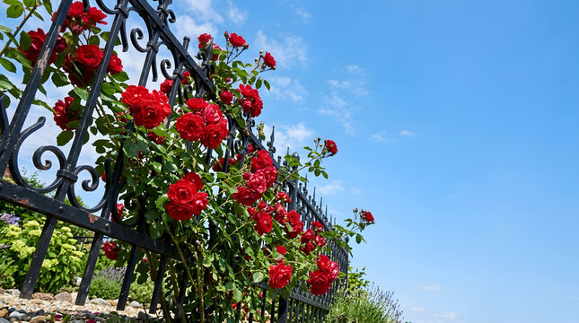 Vibrant red climbing roses growing on a black wrought iron fence against a clear blue sky. Summer garden landscaping with floral metal trellis