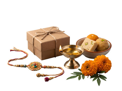 Premium Raksha Bandhan festival arrangement featuring handcrafted rakhi, gift box, brass diya, Indian sweets and marigold flowers isolated as a transparent PNG asset.