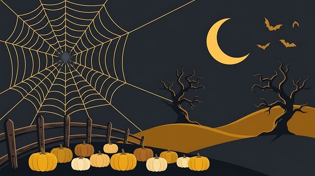 Halloween night scene with a spider web, crescent moon, bare trees, and a pumpkin patch behind a wooden fence