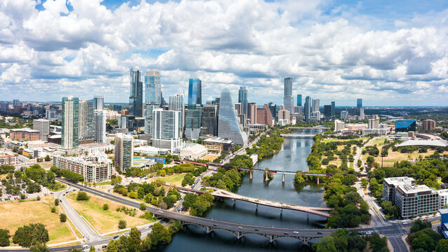 Austin skyline panorama along Colorado River. Austin is the capital city of the U.S. state of Texas