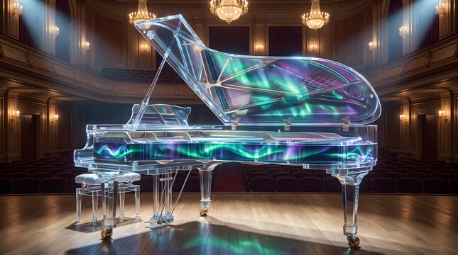 Transparent grand piano featuring vibrant northern lights patterns sits elegantly upon an empty wooden concert stage illuminated by bright spotlights within this luxurious historic opera house