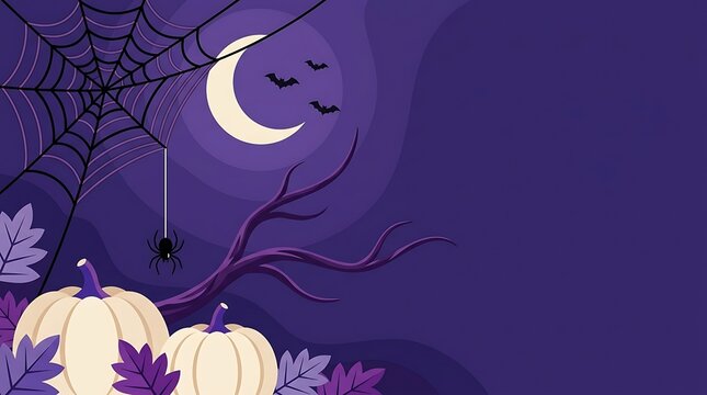 Halloween purple background with white pumpkins, spider web, crescent moon, bats, and bare tree branches