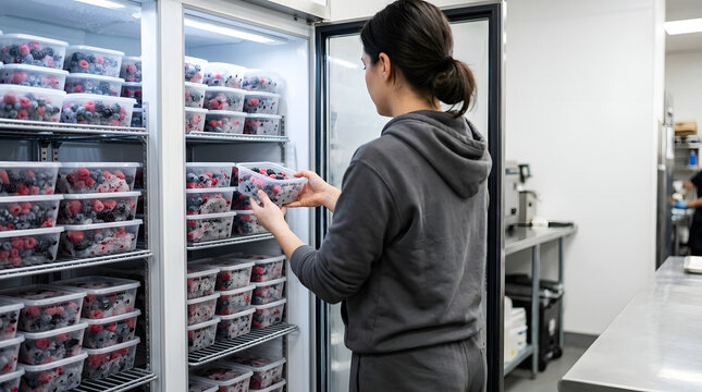 Woman holding a plastic container of frozen berries. Female worker standing by an open commercial freezer stocked with frozen fruit in a professional kitchen