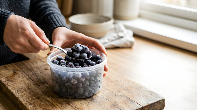 Hands scooping frozen blueberries with a spoon. Person taking frosted berries from a plastic container on a wooden kitchen counter