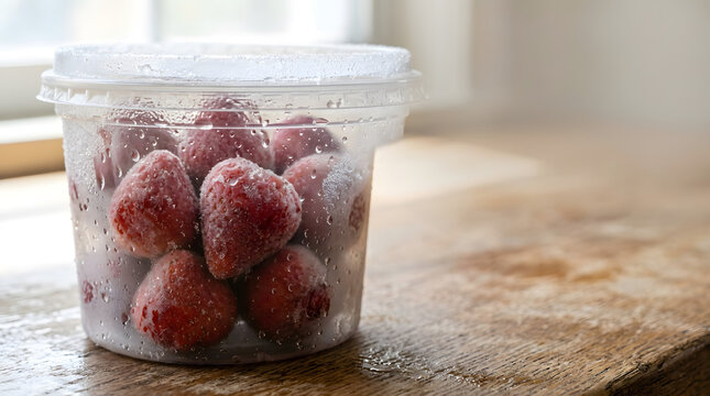 Close up of frozen strawberries in a plastic container. Frosted red berries with condensation on a rustic wooden table