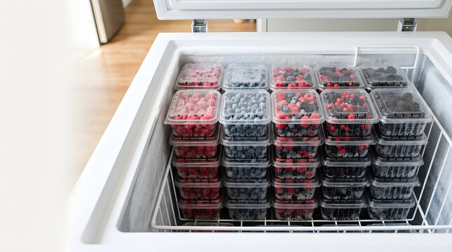 Open chest freezer fully stocked with frozen berries. Neatly stacked plastic containers of raspberries and blueberries in cold storage