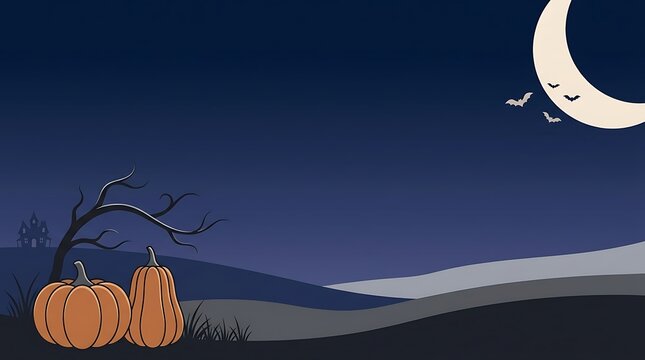 Halloween night landscape with crescent moon, flying bats, a dead tree, and pumpkins in front of a distant haunted castle