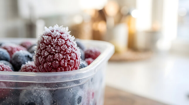 Macro close up of a frozen raspberry covered in ice crystals. Frosted red berry in a plastic container in a blurred kitchen setting