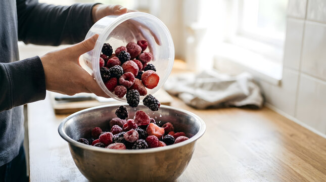 Person pouring frozen mixed berries into a metal bowl. Hands emptying a plastic container of frosted fruit on a wooden kitchen counter