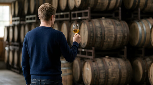 Man inspecting a glass of golden apple cider in a barrel cellar. Male brewer evaluating the quality of an aged beverage in a large wooden cask storage warehouse