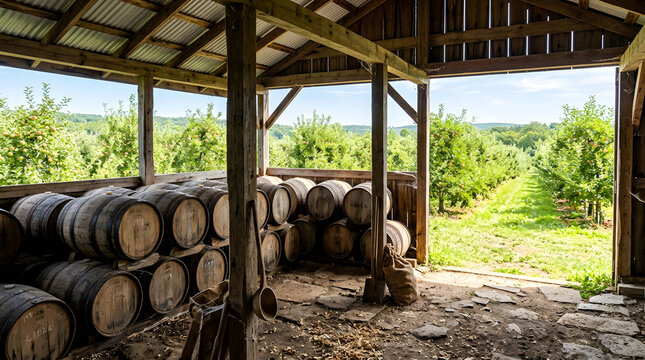 Stacked wooden barrels inside a rustic shed overlooking a sunny apple orchard. Traditional farm building for aging craft apple cider. Agricultural fruit harvest and beverage production