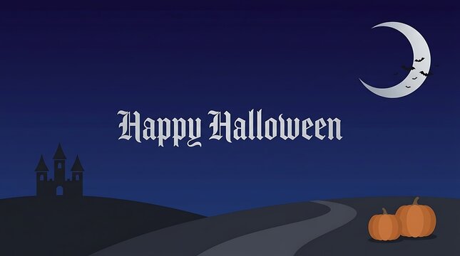 Happy halloween banner with a crescent moon, bats, a haunted castle silhouette on a hill, and pumpkins on a dark blue background