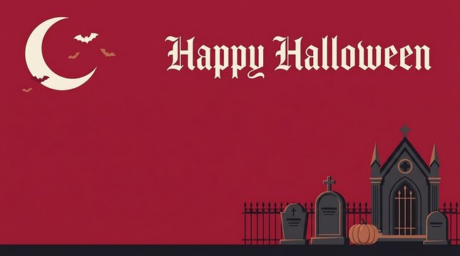 Happy halloween banner with a crescent moon, bats, a graveyard with tombstones, a mausoleum, and a pumpkin on a dark red background