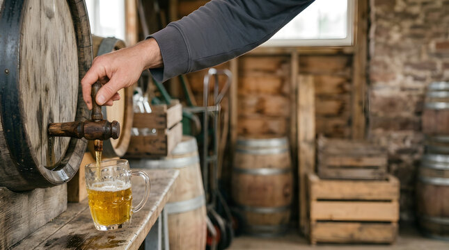 Hand pouring golden apple cider from a wooden barrel into a glass mug. Serving craft beverage from a traditional cask