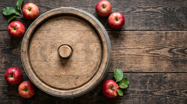 Top view of a wooden barrel lid and fresh red apples on a rustic table. Flat lay composition with copy space for text