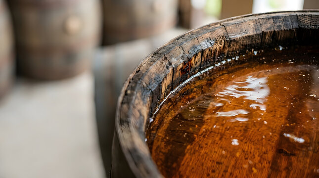 Close up of dark amber liquid inside an open wooden barrel. Apple cider fermenting in traditional cask