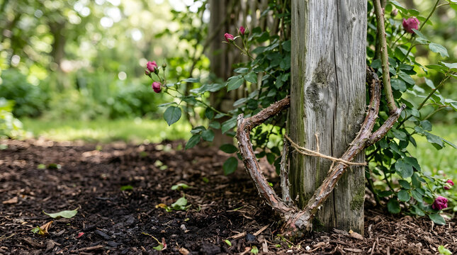Close up of a climbing rose vine tied to a wooden garden arch. Thorny stem secured to a weathered trellis post