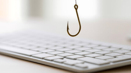Fototapeta premium Metallic Fish Hook Suspended Over a White Computer Keyboard, Symbolizing Digital Deception, Phishing Scams, and Cyber Security Threats