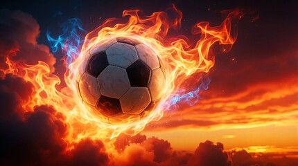 Fototapeta premium Soccer ball engulfed in vibrant flames, soaring through a dramatic sunset sky with fiery clouds. Intense energy and passion for the sport are conveyed visually.