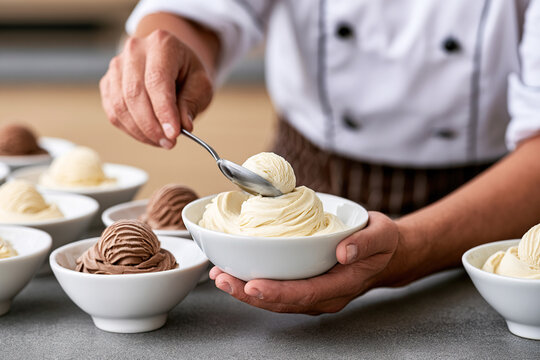 Chef's hand with delicious gelato in dish