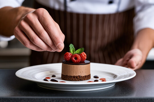 Chef's hand with delicious dessert in dish
