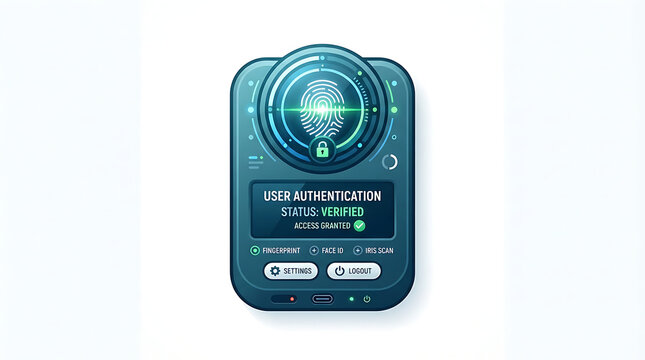 Digital biometric security authentication panel showing verified fingerprint access granted status interface