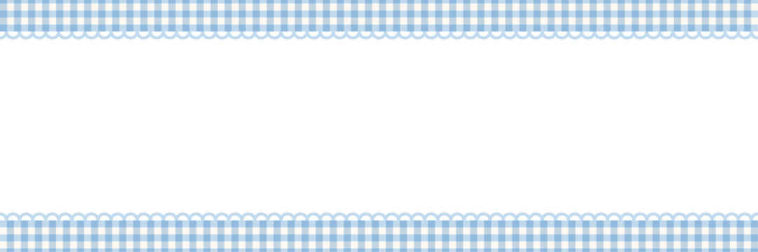 Coquette soft blue lace border frame with gingham seamless patter. Elegant background. Plaid border with scalloped lace edge. Vintage decoration with copy space. Vector illustration