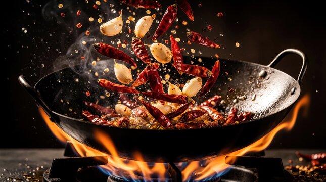 Red chili peppers, garlic cloves fall into hot wok with oil. Spices splash, fly in motion during stir fry cooking. Hot flames burn under pan for tasty asian food preparation. Dynamic macro shot of