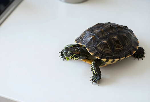 Small turtle with a dark patterned shell and green markings on its head, eating a piece of green leaf on a white surface