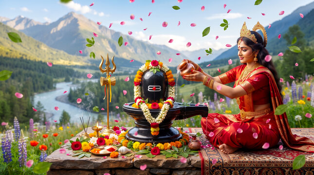 Goddess Parvati offering puja to Shiv linga, image for Hindu girls who do puja and celebrating five day rituals for Hindu religion festival Gauri Vrat or Jaya Parvati Vrat, natural background