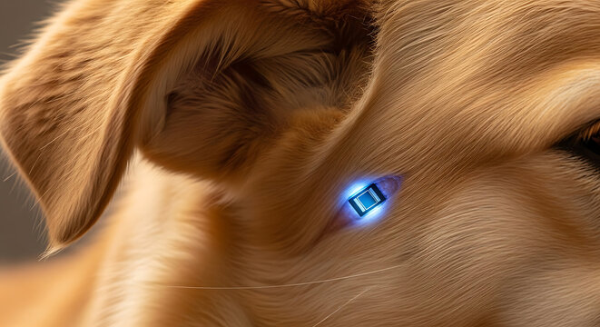 Futuristic implanted microchip glowing beneath the golden fur of a domestic dog close with electronic microchip embedded