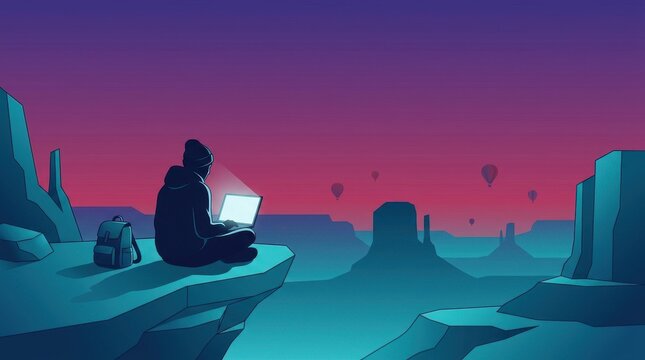 Digital nomad sitting on a cliff edge with a laptop overlooking a scenic desert canyon landscape with hot air balloons during a vibrant colorful sunrise