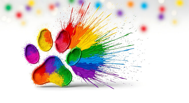 Vibrant rainbow paint splash animal paw print graphic element design with displays colorful paw paint splatters white