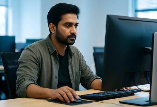 Young indian man working on a desktop computer in a modern office environment, focused on his tasks