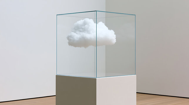 Conceptual Art Display: Fluffy White Cloud Enclosed in a Transparent Glass Case on a Pedestal in a Modern Gallery Space, Minimalist Exhibit