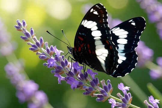 Black and white butterfly rests on purple lavender flower. Insect with spotted wings feeds on nectar, summer garden scene. Nature close up, macro photography.