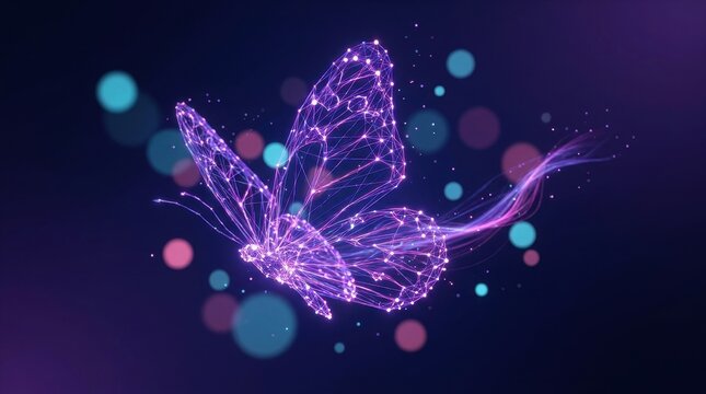 Abstract digital wireframe butterfly made of glowing lines and connected nodes representing artificial intelligence and transformation in technology