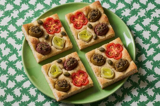 Four square focaccia bread slices decorated with tomato flowers, stuffed olives, leeks, capers. Appetizer served on green plate over patterned tablecloth. Mediterranean snack food presented in