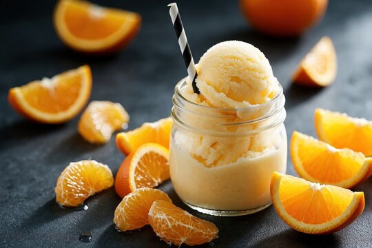 Creamy orange sorbet scoop in jar with striped straw. Fresh citrus slices arranged on dark textured surface. Refreshing summer dessert, cool sweet treat served with fruit.