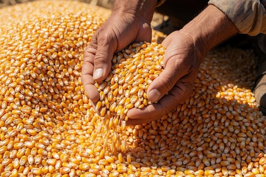 Farmer hands scoop ripe corn kernels from large pile. Man checks yellow grain after harvesting, symbolizing abundance and successful crop season. Autumn agricultural work.