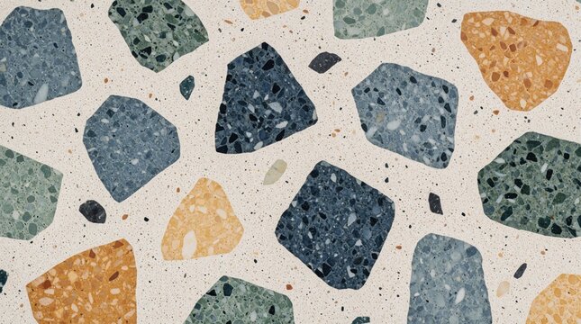 Modern terrazzo pattern with irregular stone pieces in blue, green, and yellow on a cream background. This texture offers a stylish backdrop for interior design projects and creative works.