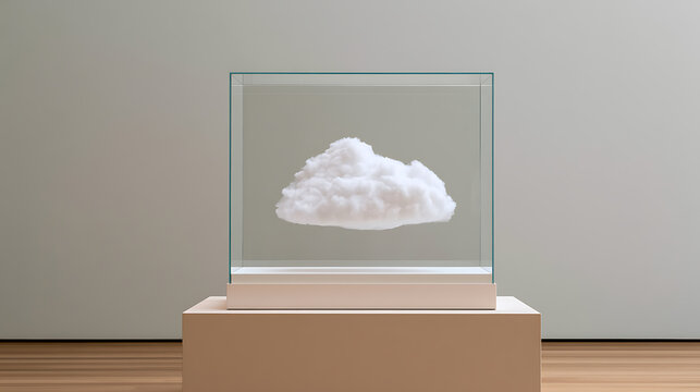 Minimalist Art Installation Features a Cloud-like Sculpture in a Glass Display Case on a Pedestal, Evoking Serenity and Conceptual Beauty