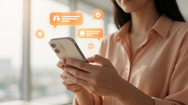 Young woman uses smartphone with digital chat icons floating above screen. Female user interacts with AI chatbot mobile banking app via messaging interface. Modern person communicates through