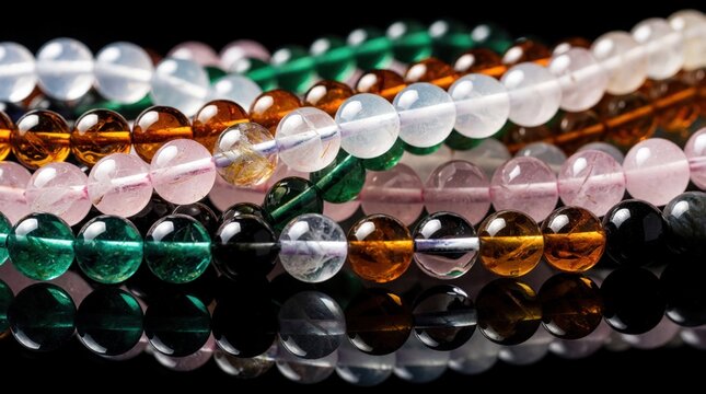 Assorted colorful gemstone beads in strands sit on reflective black surface. Macro view shows mix of round quartz agate onyx and other stones. Used for jewelry making craft projects.