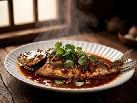 Whole steamed fish dish with savory sauce and fresh cilantro garnish. This hot seafood meal sits on a plate, emitting steam. A perfect healthy protein option for any occasion.