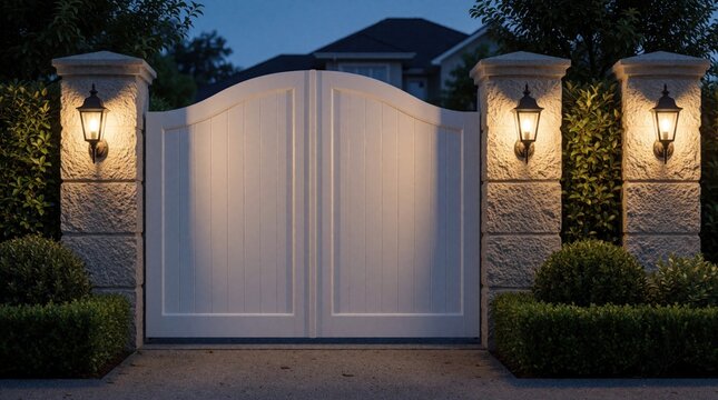 White double gates with curved top stand between stone pillars with outdoor lanterns. Rich green bushes frame the entryway to a private residence at dusk.